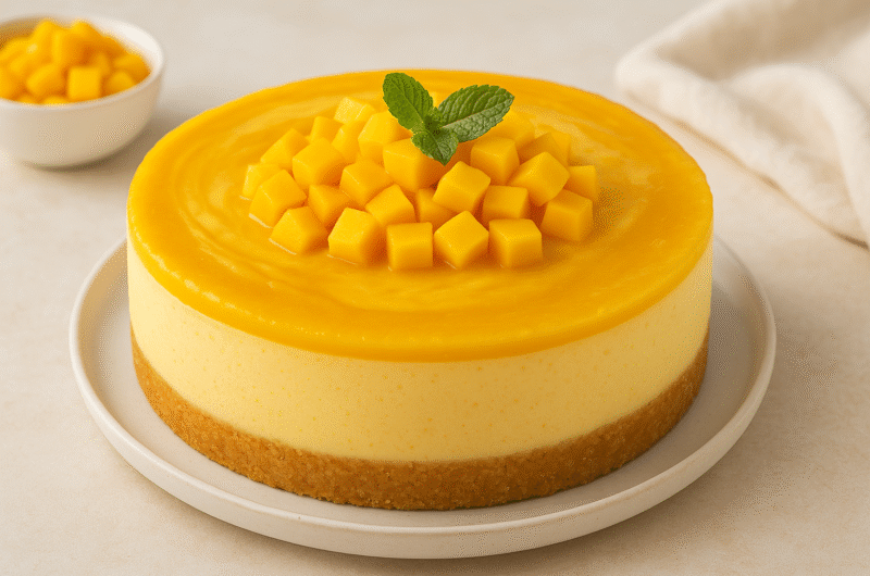 Eggless Mango Cheesecake (No Gelatin)