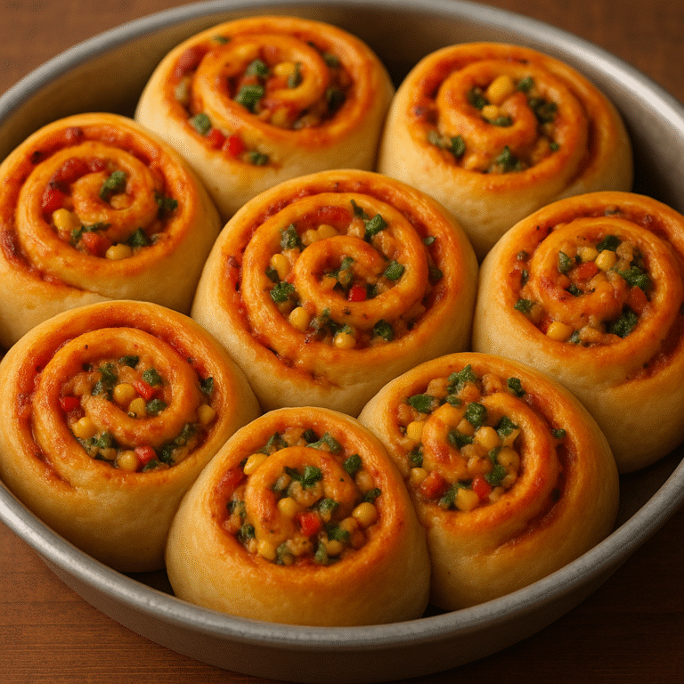 Golden brown breakfast rolls with pizza sauce and vegetable filling in a round baking dish